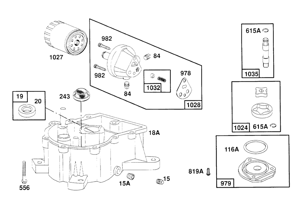 Oil Pump Sump Base Assembly Diagram and Parts List for 404707-1209-XX  Briggs and Stratton Engine